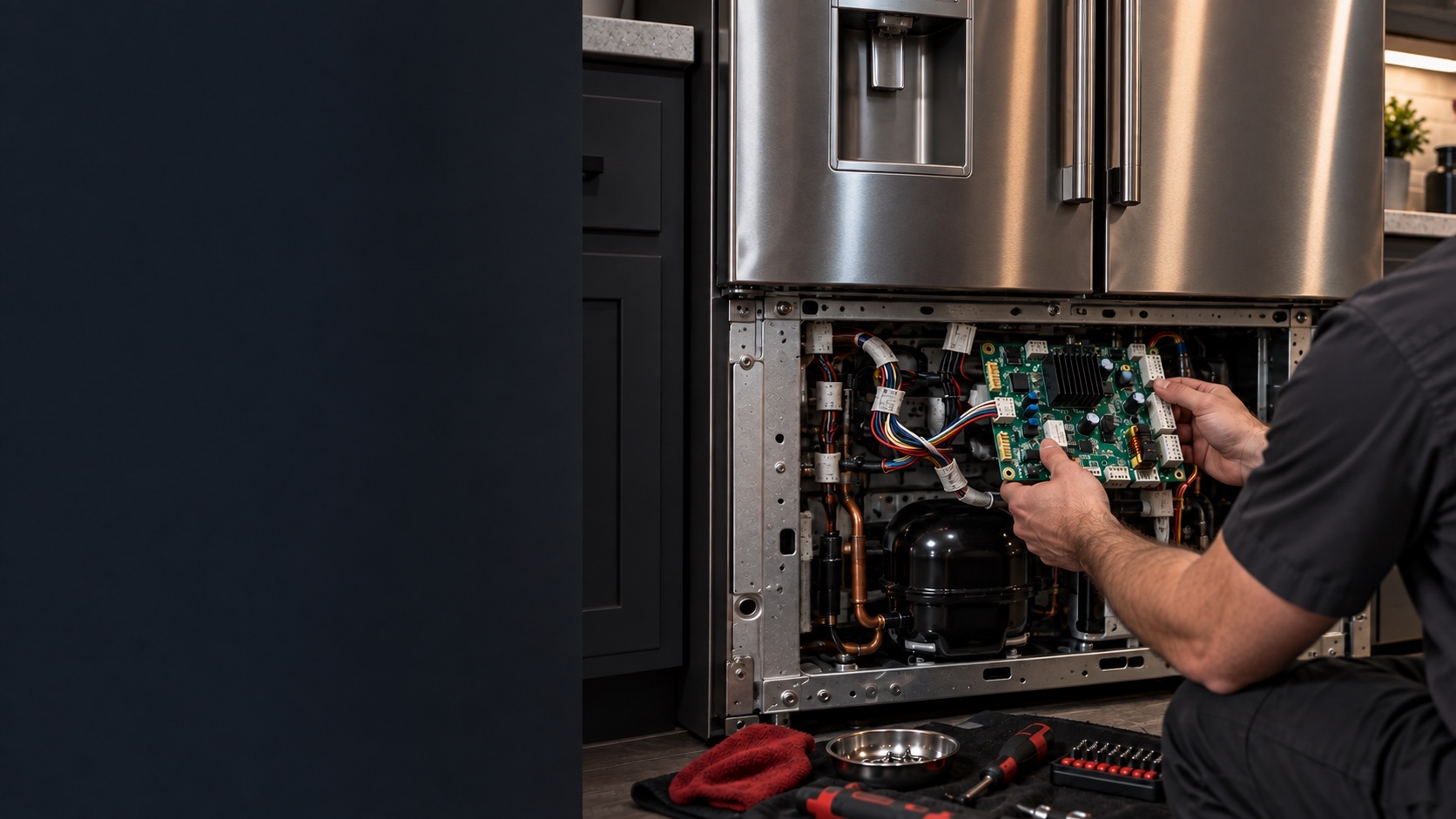 Technician diagnosing the control board of a full-size refrigerator